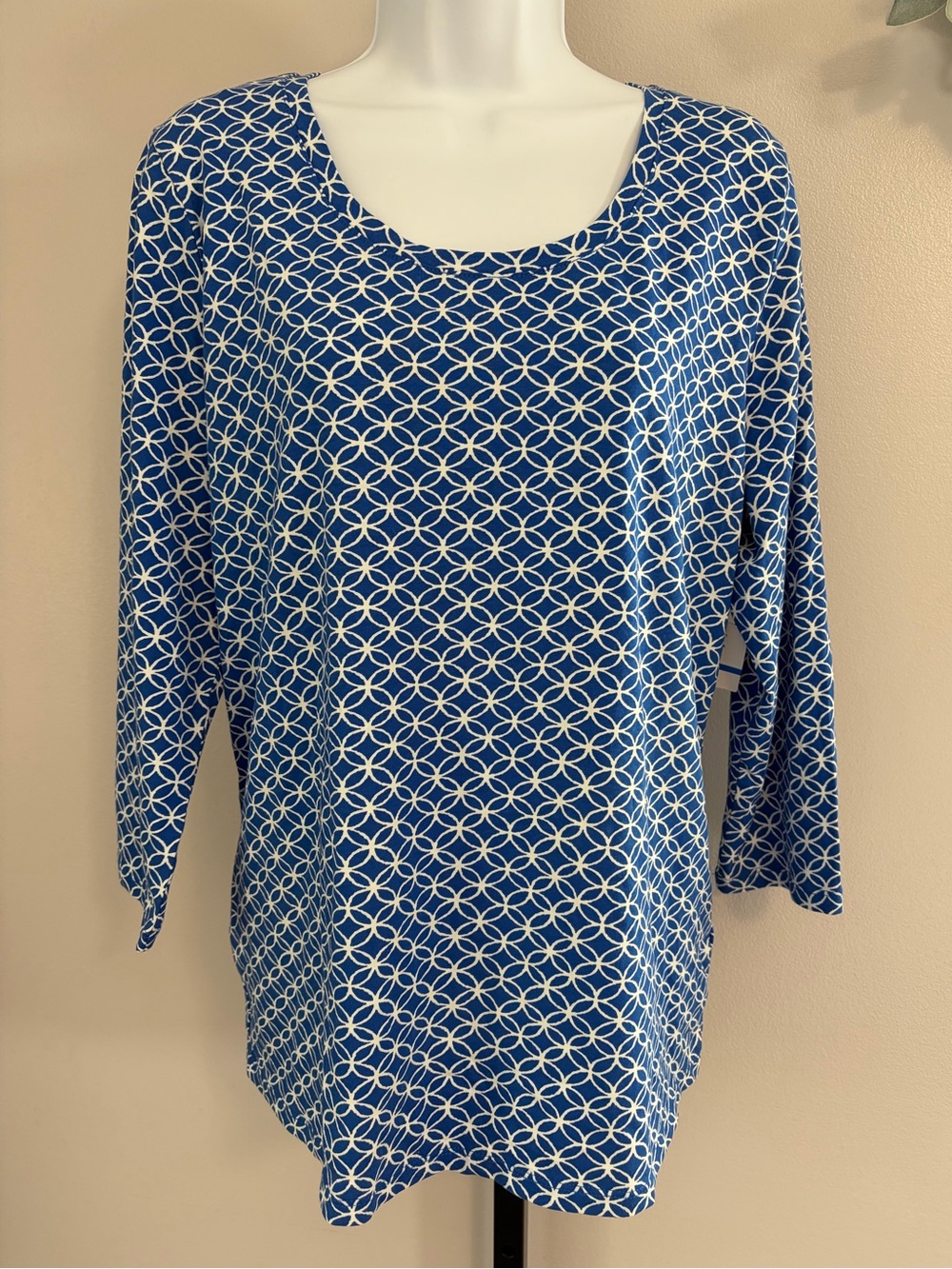 NWT Rafaella Blue Patterned Scoop Neck Long Sleeve Top